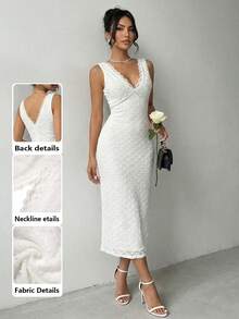 NOVVYNE Đầm nữ thanh lịch, ren xếp ly, cổ chữ V, không tay, hở lưng, thích hợp đi chơi, công sở, kiểu dáng ôm sát, dài đến đầu gối, hợp xu hướng thời trang. - trắng - Xem 6