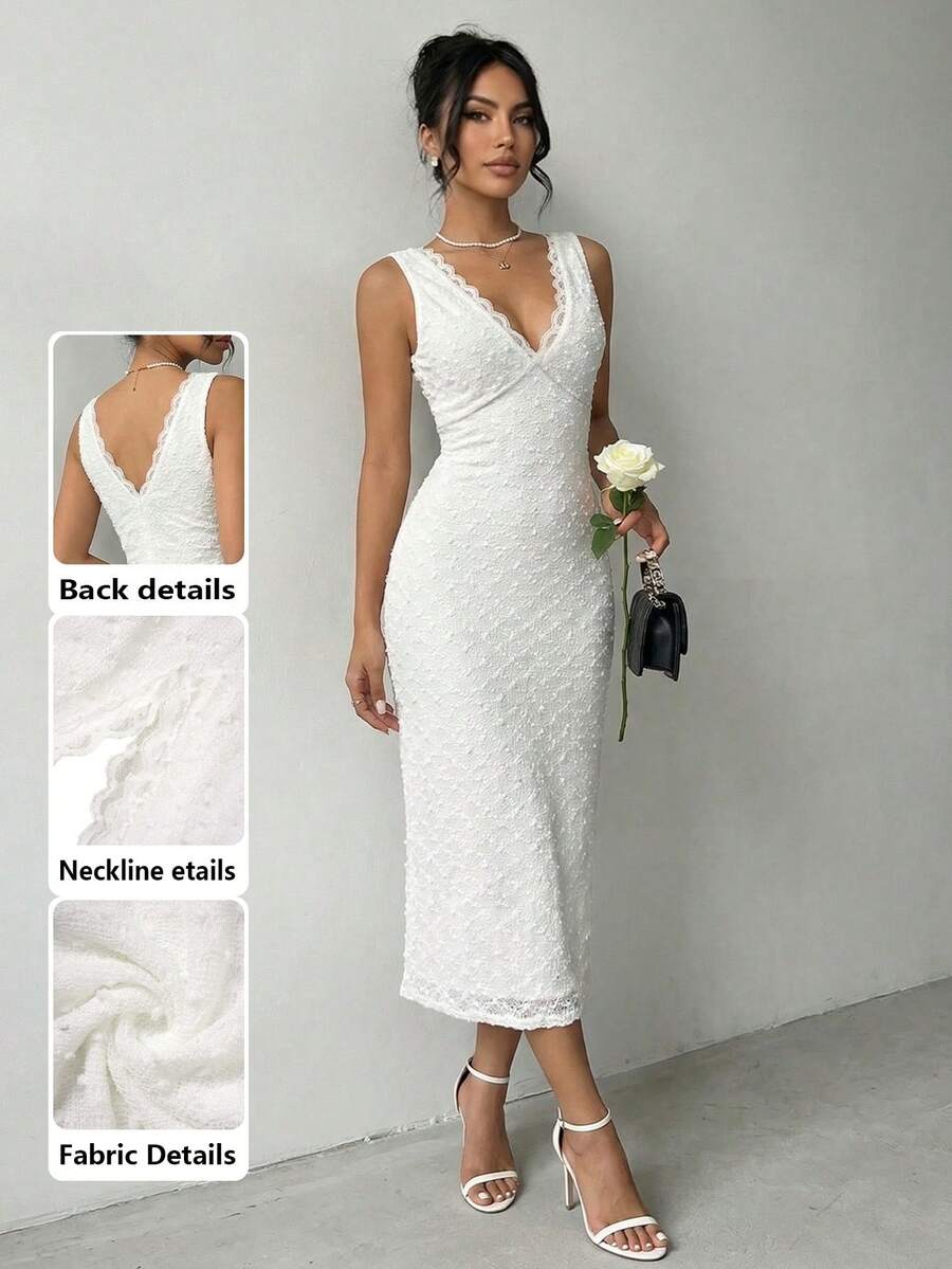 NOVVYNE 女士优雅扇形蕾丝V领无袖露背连衣裙，休闲办公时尚修身中长连衣裙