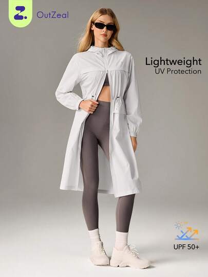 OutZeal 女士防晒夹克 徒步露营 防紫外线 轻便长款连帽户外上衣