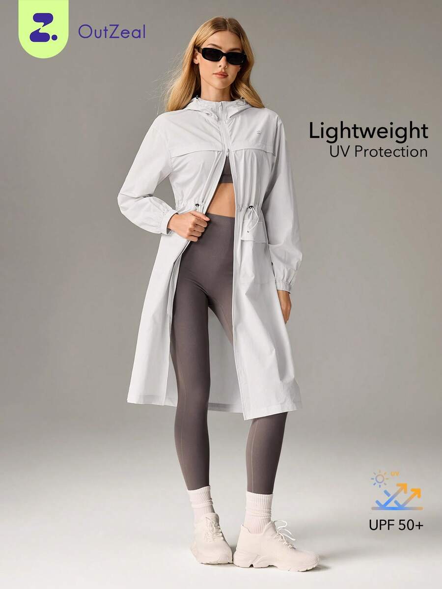 OutZeal 女士防晒夹克 徒步露营 防紫外线 轻便长款连帽户外上衣 - 淺灰色 - 查看 1