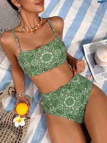 SHEIN Swim 女士花卉印花比基尼套装，曼陀罗比基尼套装海滩泳装泳衣夏季，夏季海滩 - 綠色 - 查看 5