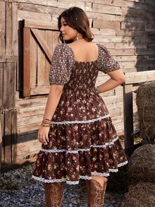 Ceyna Plus Size Bohemian Style Vintage Floral Patchwork Trim Dress - Multicolor - View 2