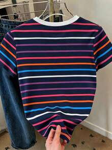 Resyla Women's Fashionable Versatile Striped Casual Round Neck Short Sleeve T-Shirt - Multicolor - View 2