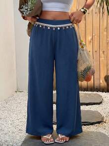 Modelyn Pantalones holgados de mujer con cintura ceñida, con aplicaciones y recortes, versátiles para primavera/verano - Azul Marino - Ver 4