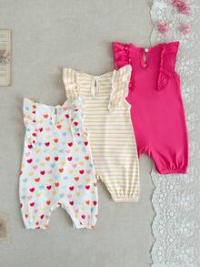 SHEIN Playful Pals 3件套女婴碎花荷叶袖连体衣套装，夏季休闲舒适可爱连体裤套装，适合外出穿着 - 彩色 - 查看 2