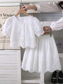 SHEIN 少女白色刺繡泡泡袖上衣與裙子套裝，熱帶夏季度假套裝，適合戶外生日派對、假期表演、拍照拍攝 - 白色 - 查看 3