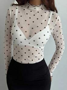 FRIFUL Women's Autumn Ruffle Collar Long Sleeve Polka Dot Blouse Sheer - Apricot - View 10