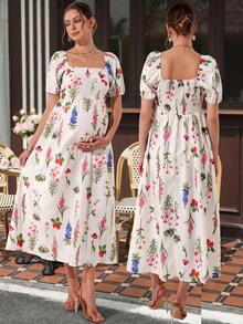 Momance Women's Floral Print Midi Maternity Dress,White,Summer,Baby Shower,Holiday,Square Neck Puff Sleeve Shirred Waist A-Line Casual Pregnancy Photoshoot - Multicolor - View 1