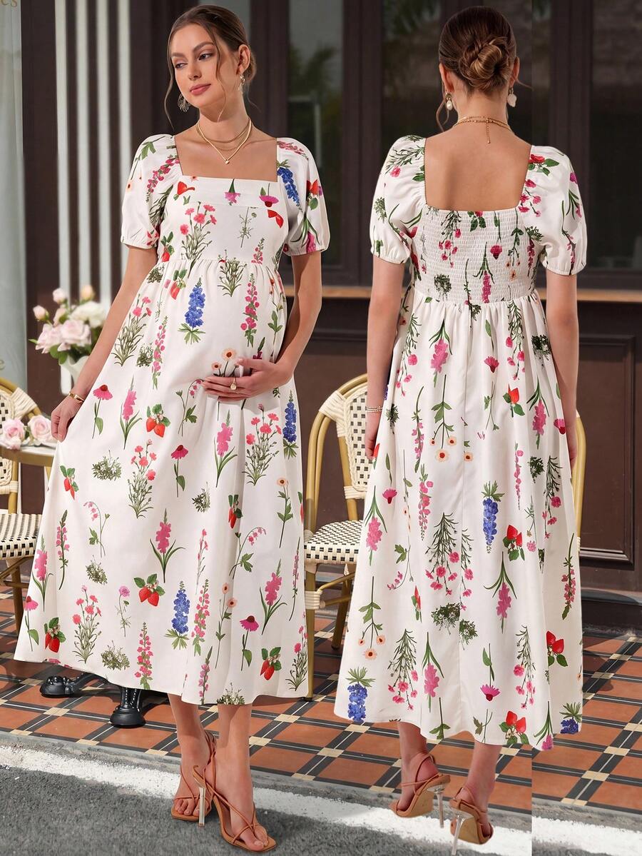 Momance Women's Floral Print Midi Maternity Dress,White,Summer,Baby Shower,Holiday,Square Neck Puff Sleeve Shirred Waist A-Line Casual Pregnancy Photoshoot - Multicolor - View 1