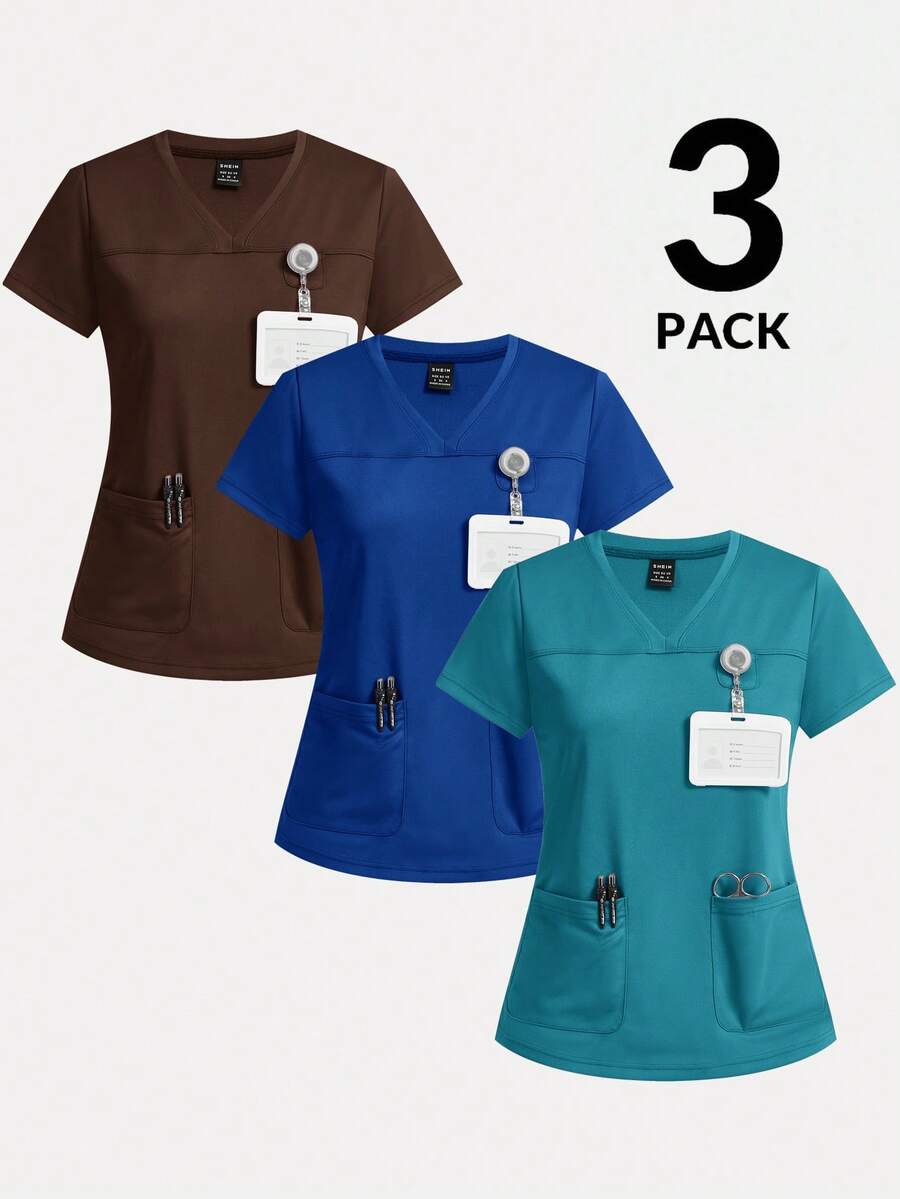 TaskEZ Solid Color Short Sleeve Scrub Scrub Top - Multicolor - View 1