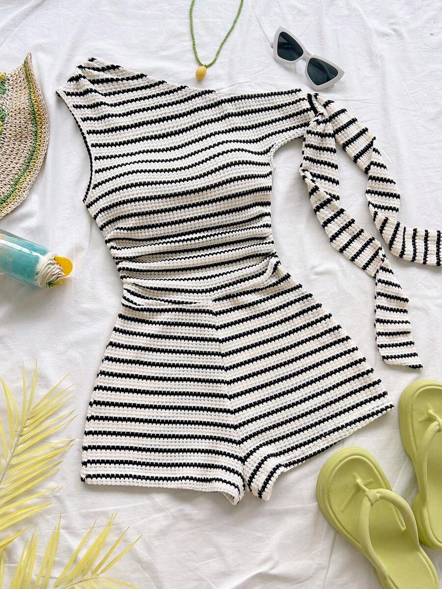 SHEIN WYWH Sexy Spaghetti Strap Tie Waist Romper In Light Yellow, Suitable For Vacation, Party, Music Festival, Boho, Holiday Date, Afternoon Tea,Summer Outfit For Women , Festival Outfits, Graduation,Vacation Outfits Women,Work Outfits For Women , Beach Outfit For Women - Multicolor - View 1