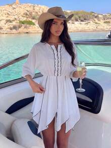 Swim Vcay Đầm du lịch trắng có cổ bèo nhún, vạt áo bất đối xứng hình lá, thích hợp cho mùa xuân/hè. - trắng - Xem 4