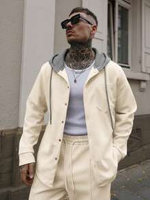Artur Kramer 1 Bộ áo khoác hoodie cài nút phía trước thời trang nam + quần dài 2 món, nhẹ cho mùa xuân/thu, trang phục mùa thu, trang phục ấm áp - Màu Khaki - Xem 1