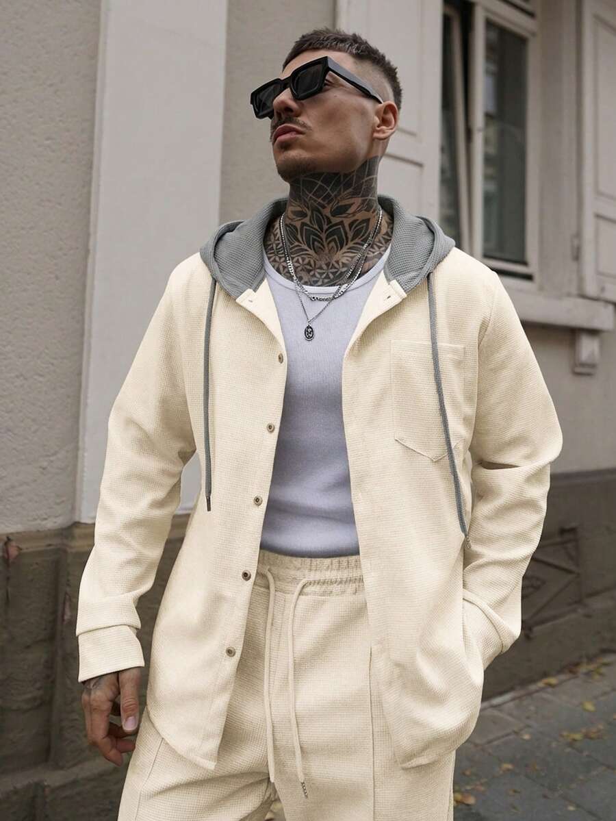 Artur Kramer 1 Bộ áo khoác hoodie cài nút phía trước thời trang nam + quần dài 2 món, nhẹ cho mùa xuân/thu, trang phục mùa thu, trang phục ấm áp - Màu Khaki - Xem 1