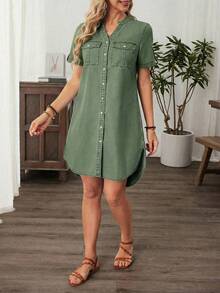EMERY ROSE Plus Size Women Autumn Casual Vacation Daily Commute Notched Neck Roll Tab Sleeve Loose Denim Dress Beach Vacation Sage Green - Green - View 4
