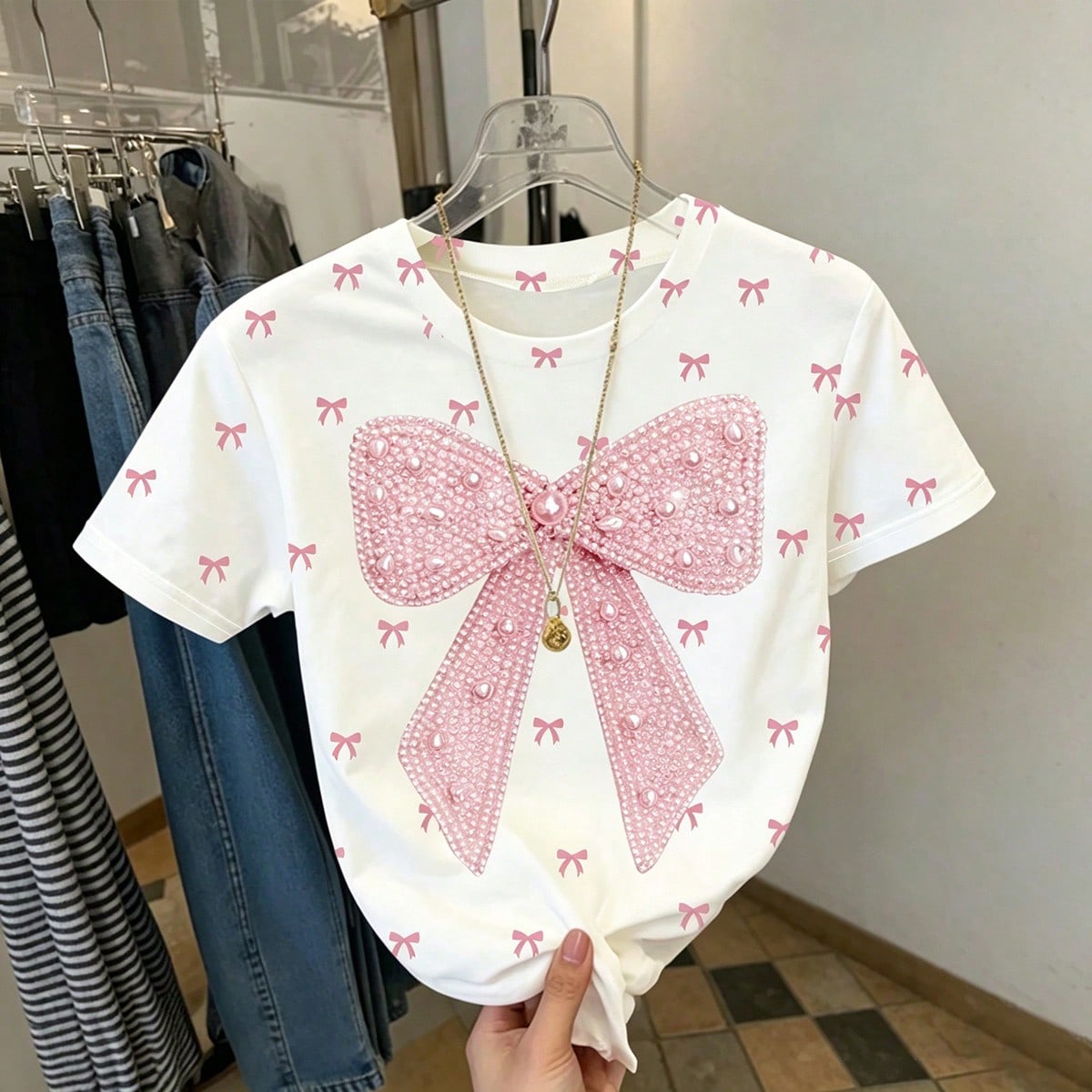 Camiseta de manga corta con cuello redondo para niñas preadolescentes con estampado de lazo grande y pequeño, estilo casual elegante y delicado, ade