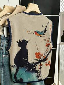 SHEIN LUNE CURVE 大码女装春夏休闲装：简约百搭，充满艺术气息。水墨风格猫咪、花朵和小鸟印花。撞色拼接，罗纹边饰，圆领无袖针织背心。春夏必备。 - 彩色 - 查看 2