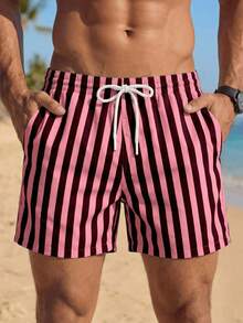 SHEIN (Exceto para bebês e crianças) Shorts de praia listrados masculinos, ideais para férias, encontros e viagens à ilha. - Multicolorido - Ver 2