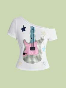 ROMWE Avant Áo thun nữ Y2K Rockstar Bass Note Graphic Asymmetric Shoulder - trắng - Xem 1