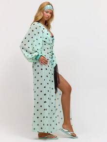 MUSERA Đầm maxi dài tay cổ chữ V sâu, dáng rộng, chi tiết tua rua, in họa tiết toàn thân, thích hợp cho kỳ nghỉ xuân hè, đi nghỉ mát, dự đám cưới, du lịch biển, Ibiza, mùa thu, dự tiệc sinh nhật, đi nhà thờ, đi chơi đêm, trang phục mùa thu hè. - màu xanh lá - Xem 3