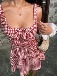 Sunnyshic 夏日海岛度假风复古红色格子设计收腰独特系带沙滩休闲性感时尚迷你连衣裙 - 酒紅色 - 查看 4