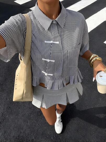 Muchica Women's Striped Ruched Casual Versatile Daily Wear T-Shirt