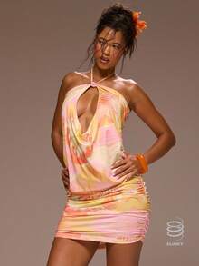 MUSERA Đầm ngắn ôm sát in họa tiết, cổ buộc dây, chi tiết thắt nút phía trước, thích hợp cho mùa xuân hè, kỳ nghỉ, buổi tối đi chơi, dịp đặc biệt, Golden Sands. - Nhiều màu - Xem 1