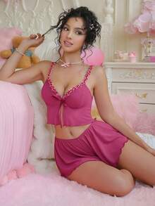 PetitDoll 2 piezas Conjunto de lencería de malla transparente con bordado floral para mujeres - Rosa Fucsia - Ver 4