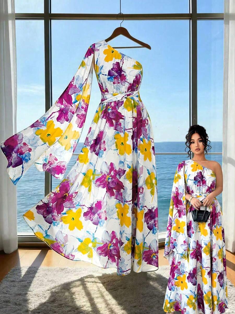 Elenzga Đầm maxi cỡ lớn không tay, dáng bất đối xứng, thắt eo, in họa tiết hoa nhuộm tie-dye, kiểu dáng thanh lịch kiểu Pháp cho kỳ nghỉ xuân/hè. - Màu Hồng Tươi - Xem 1