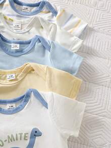 SHEIN 5pcs/Set Newborn Baby Cute Unisex Outfit, Romper + Pants + Hat, Summer - Multicolor - View 4