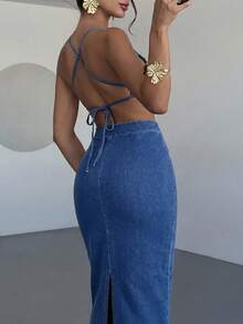 Firerie Đầm denim nữ hở lưng, thiết kế đan chéo, dây mảnh gợi cảm. - Màu xanh lam - Xem 4