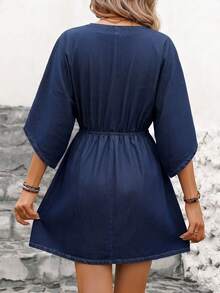 EMERY ROSE 女士休闲抽绳腰牛仔连衣裙 - 藍色 - 查看 2