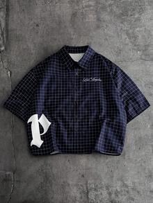 AXEPEAK Men's Loose Fit Letter & Plaid Print Short Sleeve Woven Shirt - Navy Blue - View 4