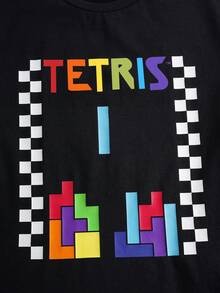 Tetris™ X SHEIN Tween Boy Letter Print Short Sleeve T-Shirt And Shorts Casual Outfit, - Black - View 4