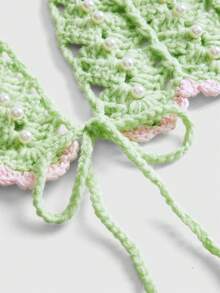 ROMWE Áo len cổ yếm buộc dây phía trước đính ngọc trai giả - màu xanh lá - Xem 4