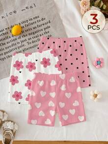 SHEIN Bộ 3 món cho bé gái 6 tháng - 2-3 tuổi, ngọt ngào và tươi tắn / Đa năng với họa tiết trái tim, chấm bi, hoa lá, quần short co giãn ôm sát, phù hợp mặc hàng ngày, đi học, ngày thiếu nhi, mùa xuân/hè/thu. - Nhiều màu - Xem 3