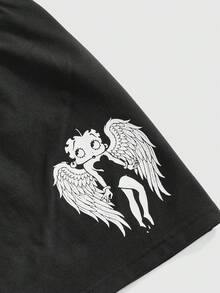 Betty Boop | ROMWE | Chân váy mini ôm sát in hình nhân vật hoạt hình và cánh chim, kèm quần legging, thích hợp cho mùa xuân/hè và đi học. - màu đen - Xem 3