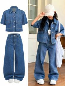 SHEIN 少女单排扣上衣和裤子休闲牛仔套装 - 藍色 - 查看 5