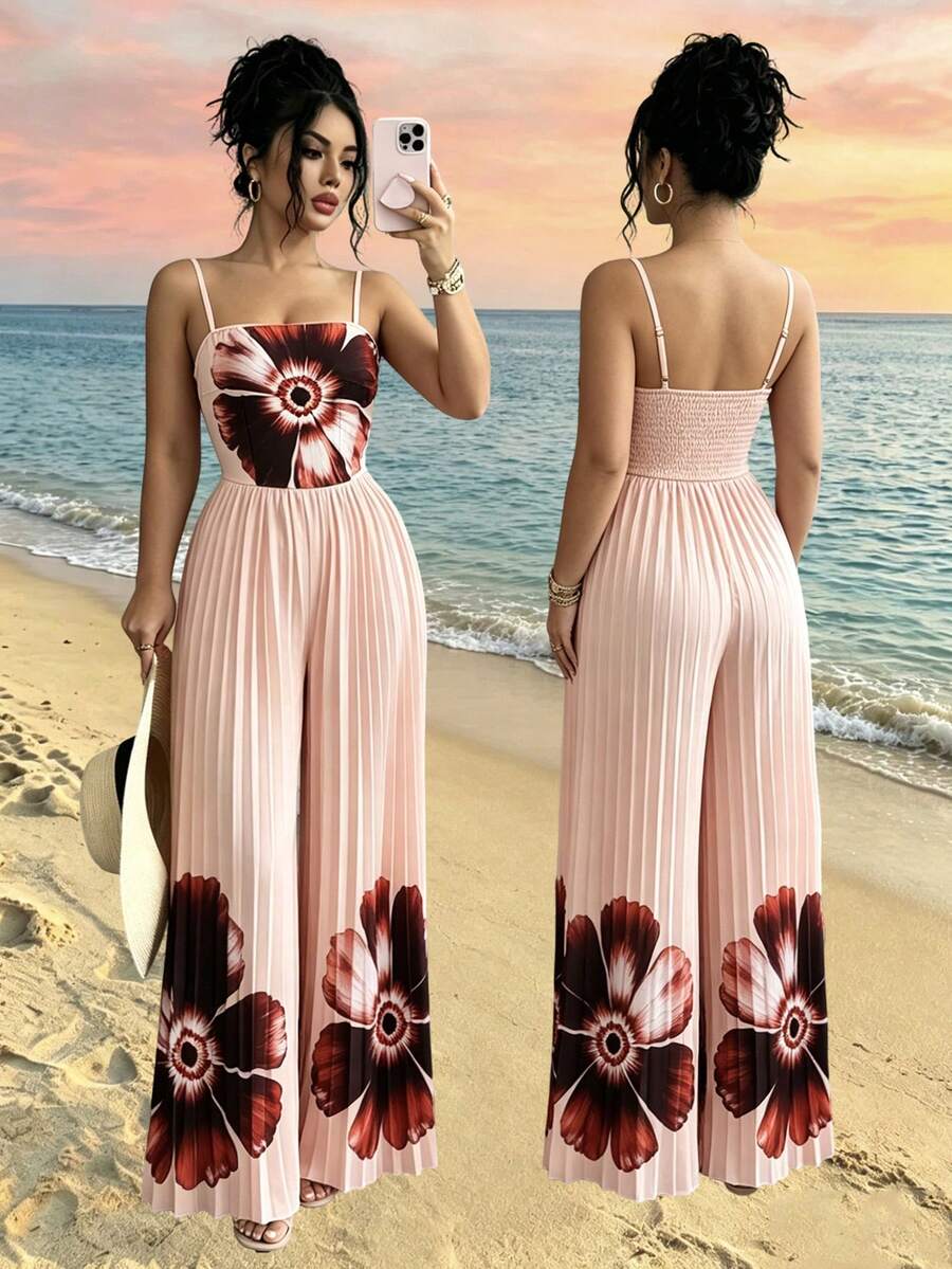 Elenzga Bộ đồ liền thân mới về, kiểu dáng thanh lịch, trẻ trung, chất liệu dệt họa tiết, dây mảnh, thắt nơ phía trước và xếp ly ở gấu, thích hợp cho kỳ nghỉ của nữ. - Nhiều màu - Xem 1