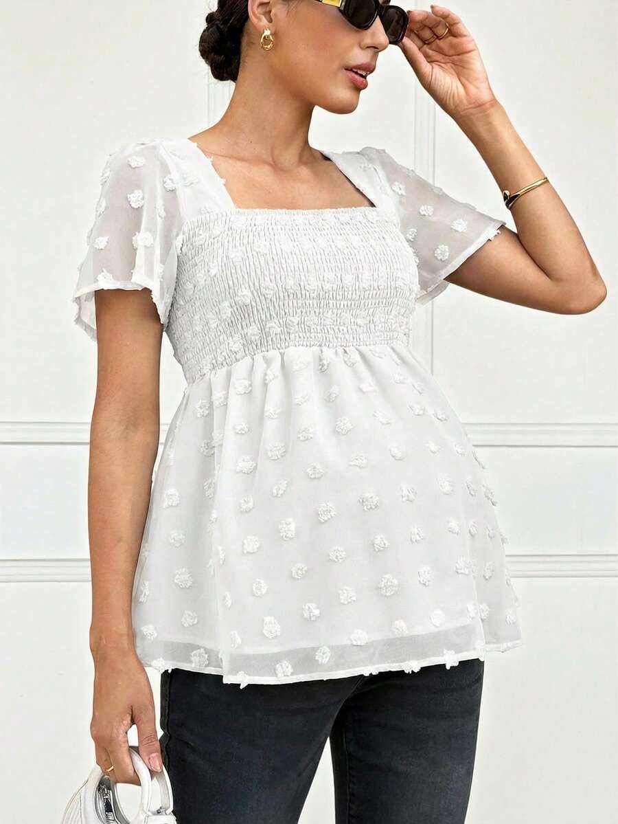 MaterniWear Maternity Summer Casual Solid Color Textured Shirt - White - View 1
