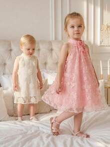 SHEIN Baby Girl Bow Decor Mesh Neck Tie Cute Dress - Pink - View 8