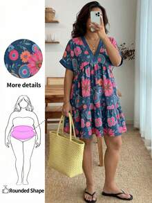 Enliva Plus-Size Women's V-Neck Short-Sleeved Casual Vacation Holiday Light Blue Summer Boho Floral Pattern Dress Flowy Music Festival For Apple Rounded Body - Multicolor - View 1
