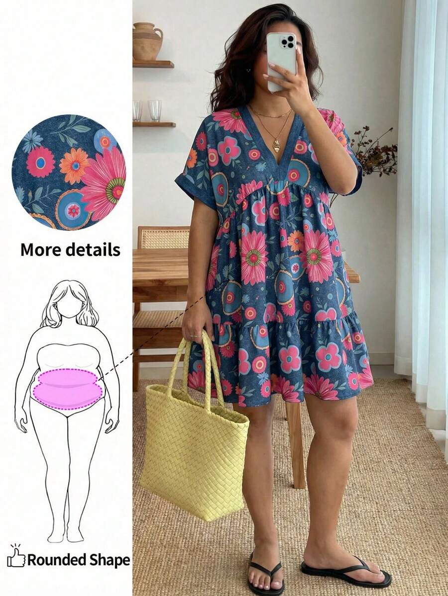 Enliva Plus-Size Women's V-Neck Short-Sleeved Casual Vacation Holiday Light Blue Summer Boho Floral Pattern Dress Flowy Music Festival For Apple Rounded Body - Multicolor - View 1