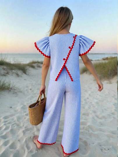 SHEIN ChillGRL Bộ đồ 2 món cho bé gái tuổi teen, kiểu dáng rộng rãi, thoải mái, hở lưng, phối màu tương phản, gồm áo và quần ống rộng, thích hợp cho mặc hàng ngày, đi làm, thư giãn, nghỉ mát, tụ họp, phong cách đường phố, họa tiết kẻ sọc mùa hè.