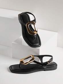 SHUZIA Women's Fashion Comfy Gold Metal Ring Decor Thong Strap Flat Sandals - Black - View 7