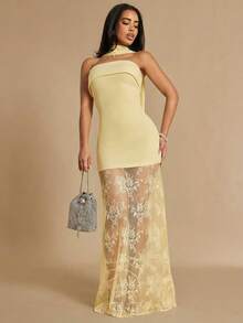 Silquee Sommerliches weißes trägerloses Spitzen-Patchwork-Chiffon-Kleid für Frauen, sexy und elegant, geeignet für Partys, Zusammenkünfte, Dates, Ausflüge, als Hochzeitsgast-Outfit für Damen - Aprikosenfarben - Übersicht 3