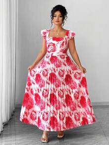 Elenzga 大码女式复古法式百搭度假约会连衣裙，褶皱腰身，印花荷叶边袖，方领设计。 - 彩色 - 查看 7