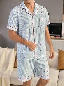 CoupledUp Heart & Stripe Print Gauze Lapel Short Sleeve Shorts Men Pajama Set - Blue and White - View 5