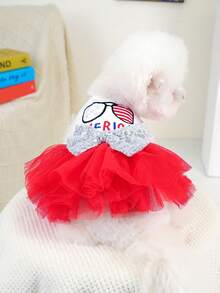 PETSIN 1 Piece Of Cat And Dog Universal Clothing, Embroidered With American Flag, Pet Puffy Skirt, Sequined Bow Decoration, Princess Style Small Dog Clothing - Red and White - View 5
