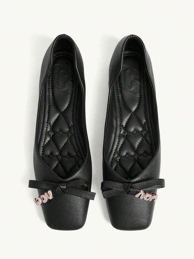 CUCCOO CHICEST Square Toe Low Vamp Bow Soft Sole Soft Leather Fashionable Versatile Comfortable Elegant Fairy Black Beanie Flats